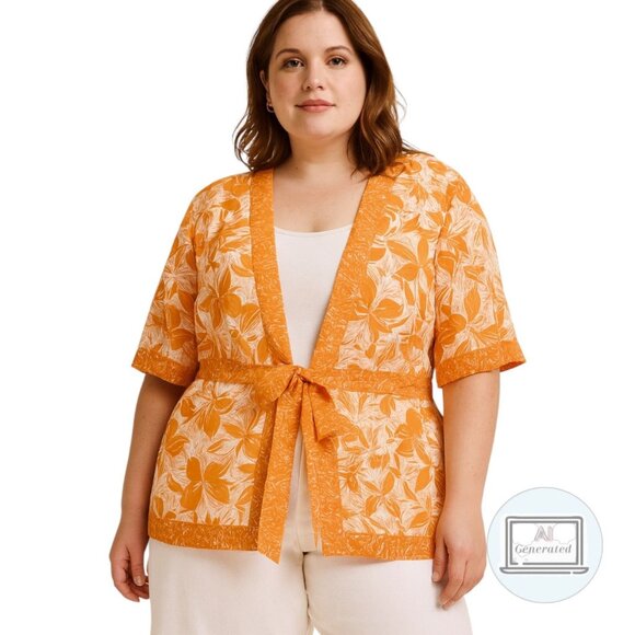 Coldwater Creek Womens Tropical Floral Tie Front Top Sheer Cover Up Orange Size - Picture 1 of 12